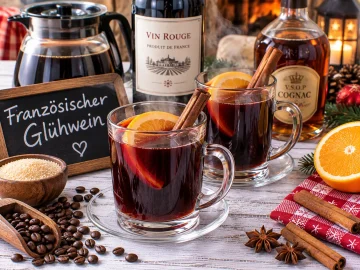 Heißer Französischer Glühwein mit Kaffee und Rotwein im Glas.