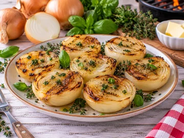 Goldbraun gegrillte Zwiebeln mit Butter und frischen Kräutern.