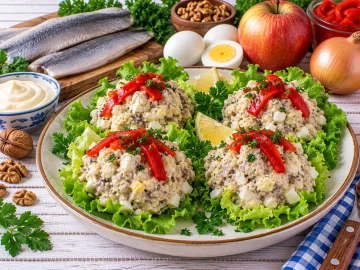 Heringsaufstrich mit Apfel, Ei und Walnüssen auf Salatblättern.