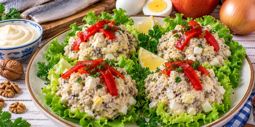 Heringsaufstrich mit Apfel, Ei und Walnüssen auf Salatblättern.