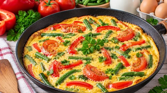 Lockeres Gemüseomelett mit Paprika, Bohnen und Tomaten.