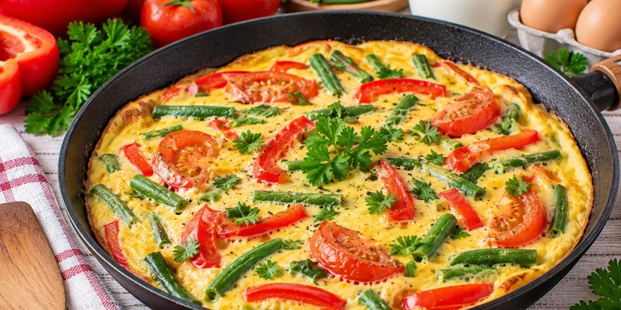 Lockeres Gemüseomelett mit Paprika, Bohnen und Tomaten.