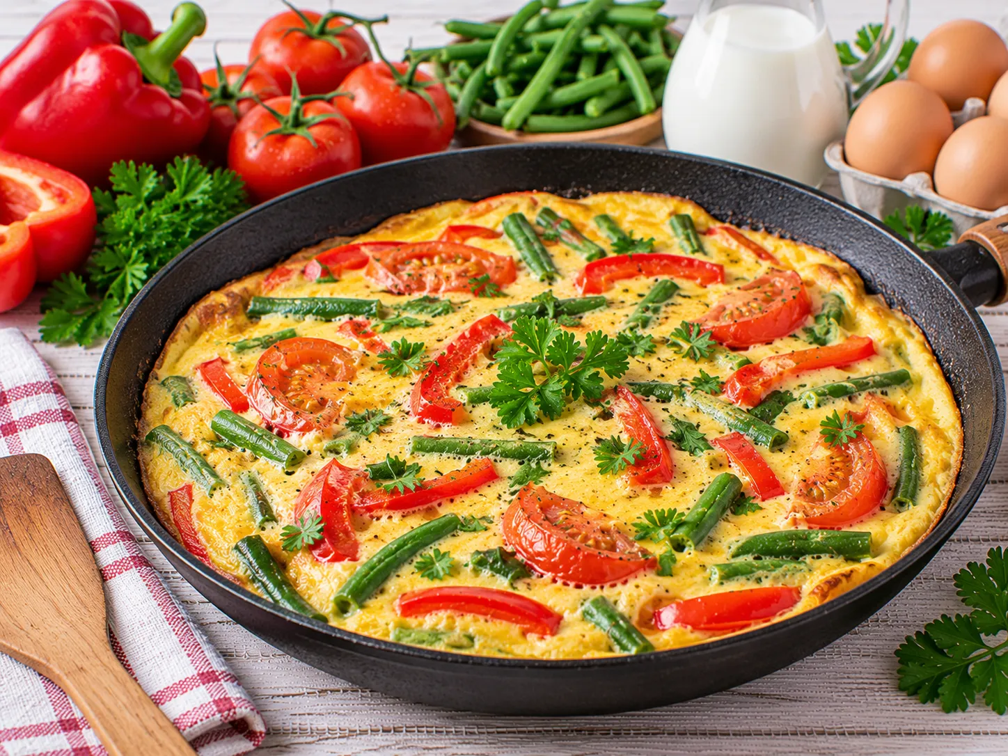Lockeres Gemüseomelett mit Paprika, Bohnen und Tomaten.