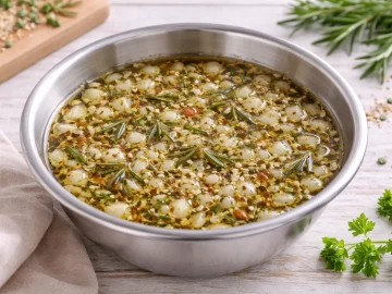 Grillmarinade aus Öl, Essig, Rosmarin und Zwiebeln in einer kleinen Edelstahlschüssel auf hellem Holztisch