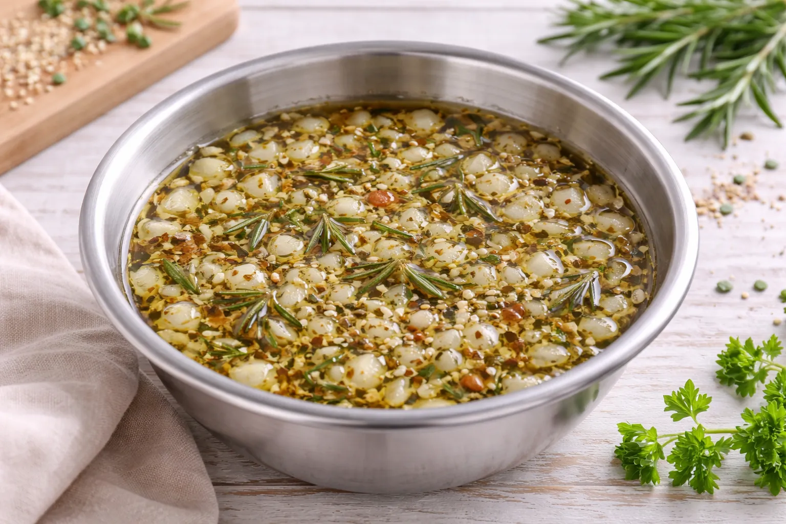 Grillmarinade aus Öl, Essig, Rosmarin und Zwiebeln in einer kleinen Edelstahlschüssel auf hellem Holztisch