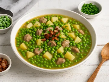 Grüner Erbsentopf mit Kartoffeln, Fleisch und Speck in weißem tiefen Teller auf weißem Holzhintergrund