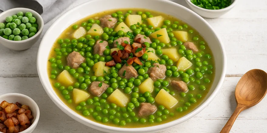 Grüner Erbsentopf mit Kartoffeln, Fleisch und Speck in weißem tiefen Teller auf weißem Holzhintergrund