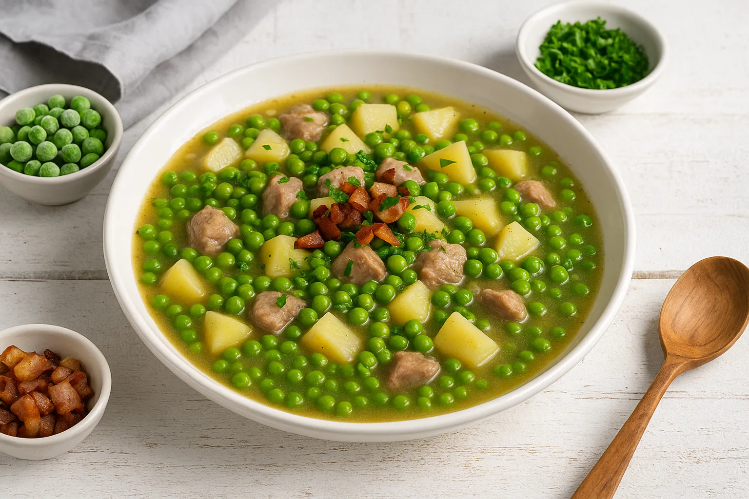 Grüner Erbsentopf mit Kartoffeln, Fleisch und Speck in weißem tiefen Teller auf weißem Holzhintergrund