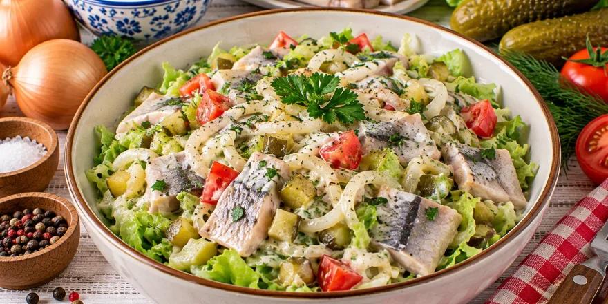 Grüner Heringssalat mit Hering, Gurken und frischen Kräutern.
