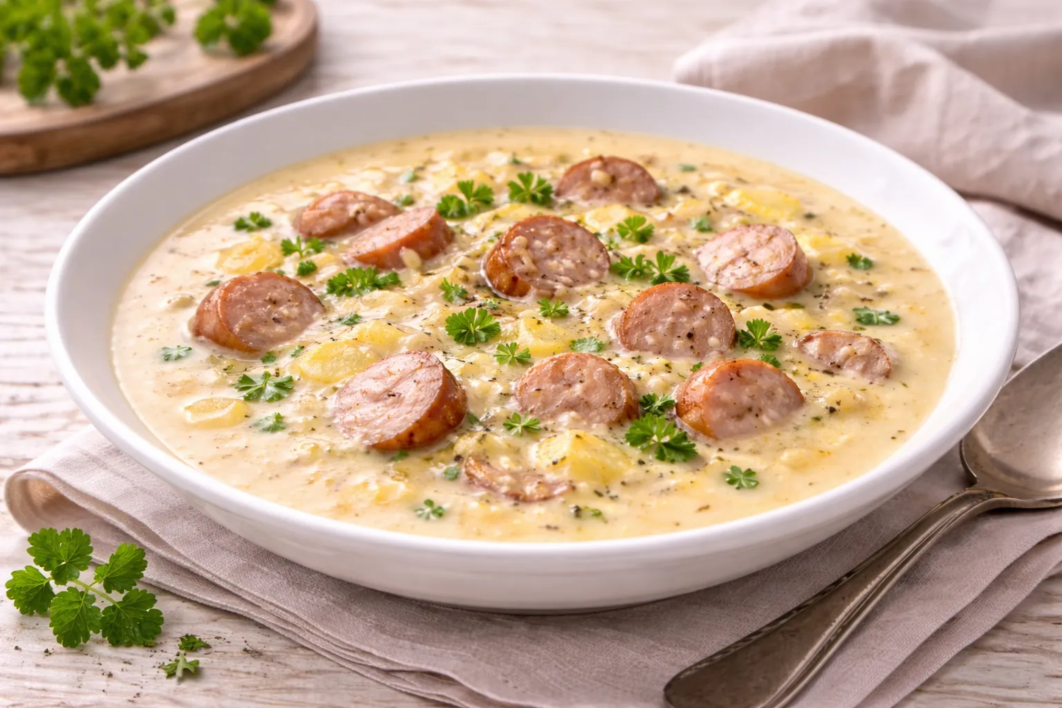 Cremige Käsesuppe mit Würstchenscheiben im tiefen Teller