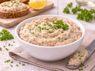 Weiße Schale mit Heringsbutter, Brotstücken und Kräuterdeko auf weißem Holzhintergrund mit sichtbarer Maserung