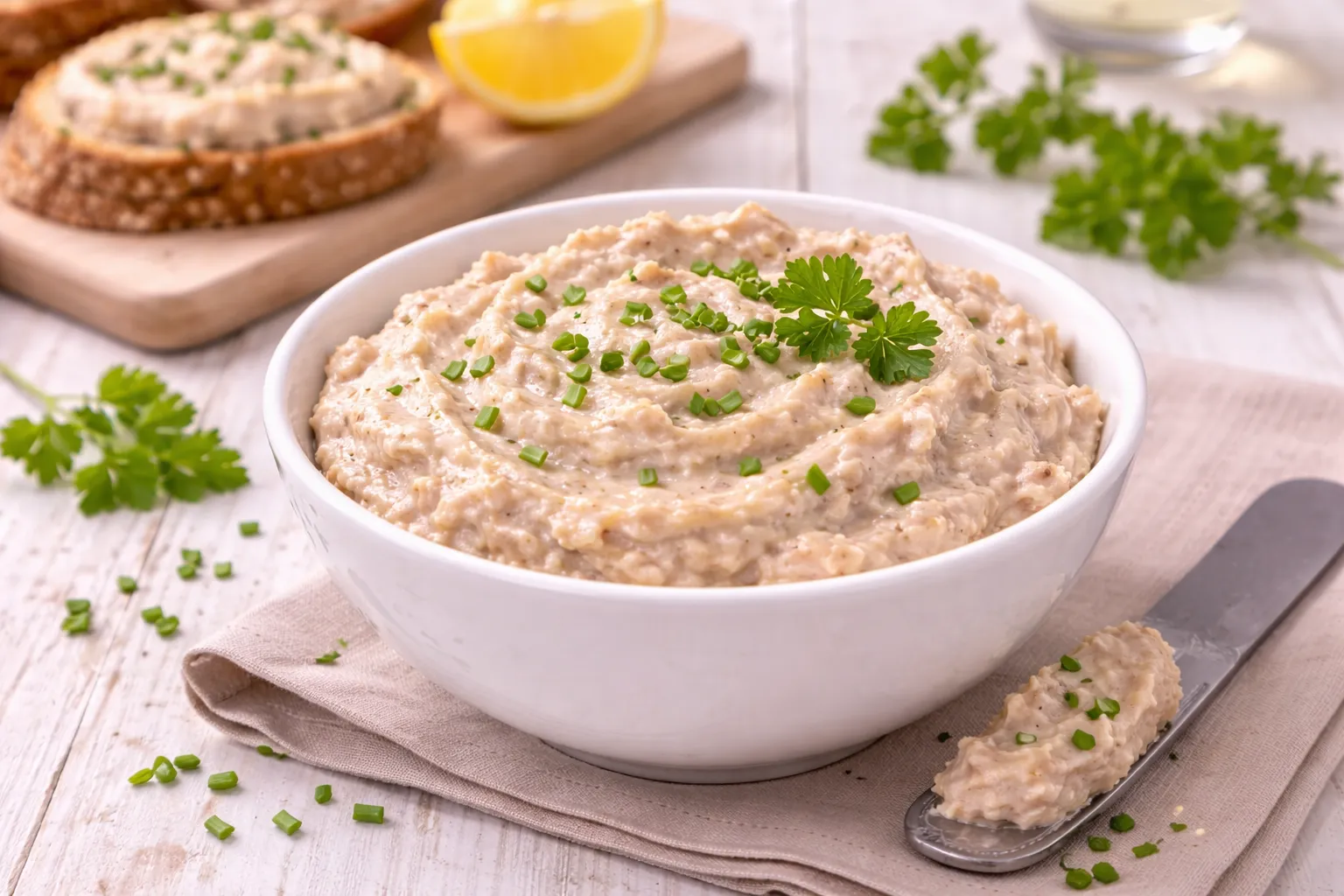 Weiße Schale mit Heringsbutter, Brotstücken und Kräuterdeko auf weißem Holzhintergrund mit sichtbarer Maserung