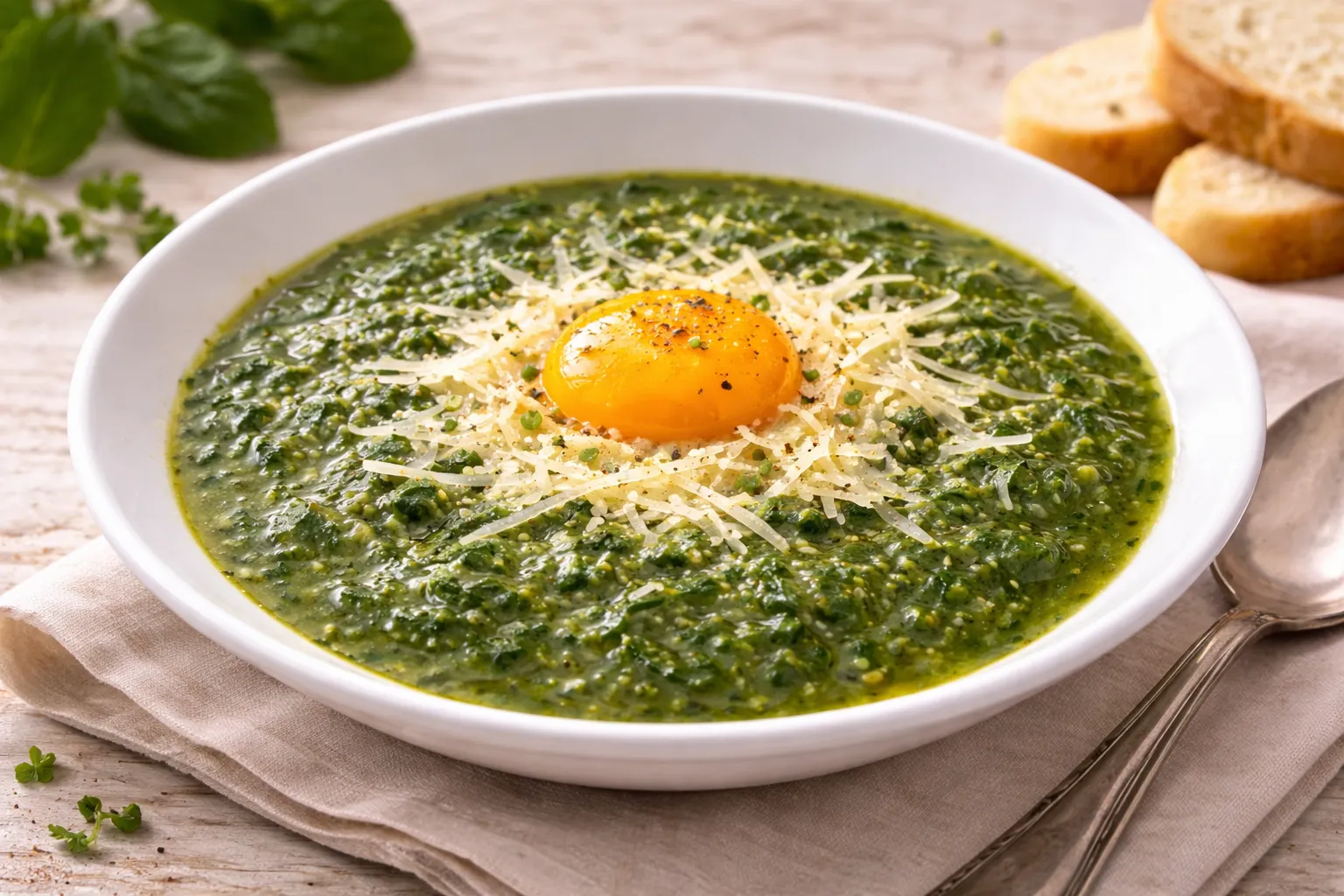 Grüne Spinatsuppe mit Käse und Eigelb in Suppenteller