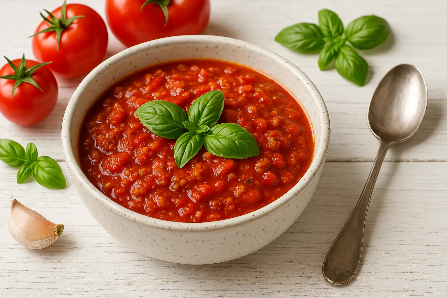 Weiße, rustikale Keramikschüssel mit italienischer Tomatensoße, garniert mit frischen Kräutern, auf weißem Holztisch mit sichtbarer Maserung, modernes Besteck und passende Deko wie Basilikum, Knoblauch und frische Tomaten.