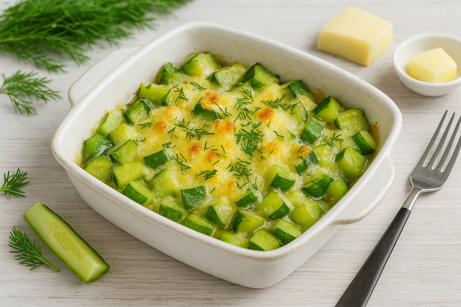 Weiße Auflaufform mit überbackenen Gurkenstücken, bestreut mit Käse und Dill, auf hellem Holztisch mit Dill und Käse als Deko