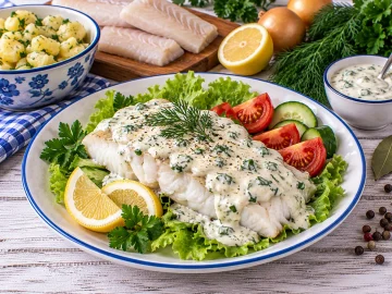 Kabeljaufilet mit Kräutermayonnaise auf Salatblättern angerichtet.