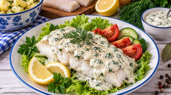 Kabeljaufilet mit Kräutermayonnaise auf Salatblättern angerichtet.