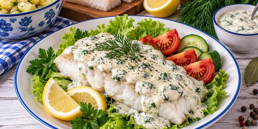 Kabeljaufilet mit Kräutermayonnaise auf Salatblättern angerichtet.