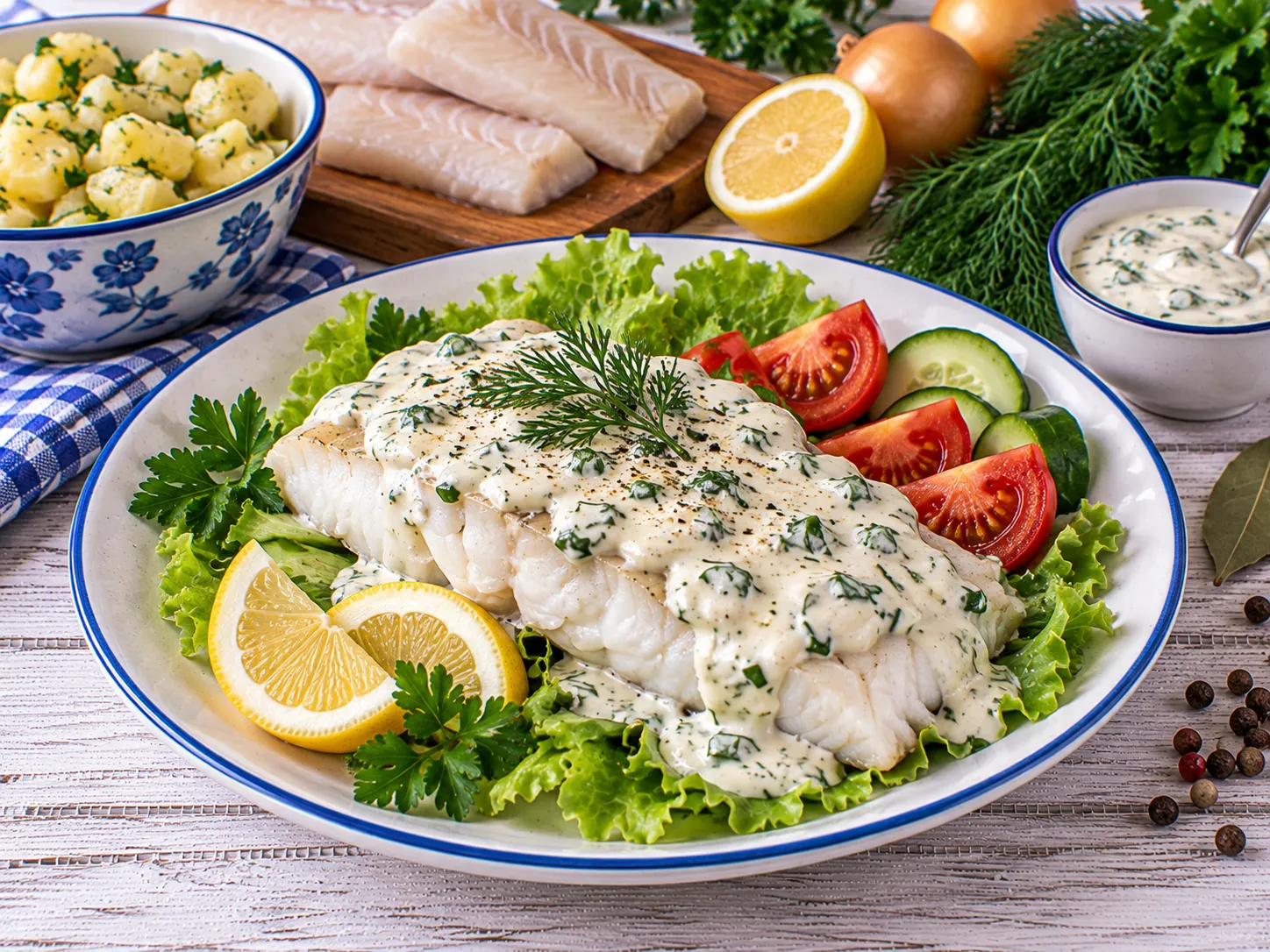 Kabeljaufilet mit Kräutermayonnaise auf Salatblättern angerichtet.