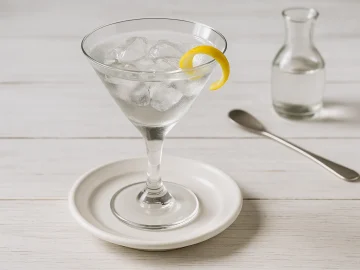 Katinka Cocktail im Martiniglas mit Eis und Zitronenzeste auf weißem Untersetzer, modernes Bar-Besteck, heller Holzhintergrund