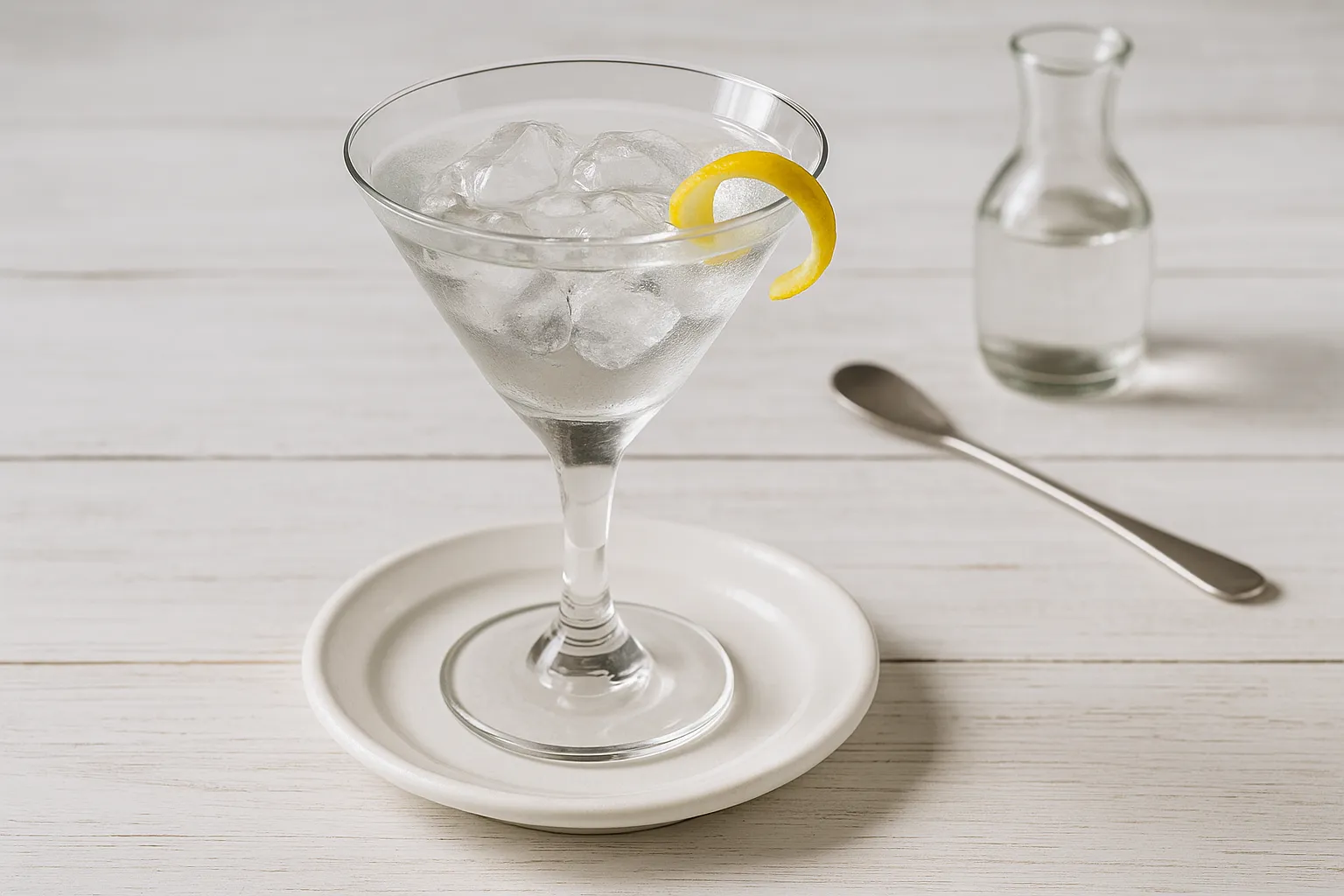 Katinka Cocktail im Martiniglas mit Eis und Zitronenzeste auf weißem Untersetzer, modernes Bar-Besteck, heller Holzhintergrund