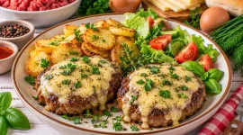 Saftige Hacksteaks mit geschmolzenem Gouda und frischen Kräutern.