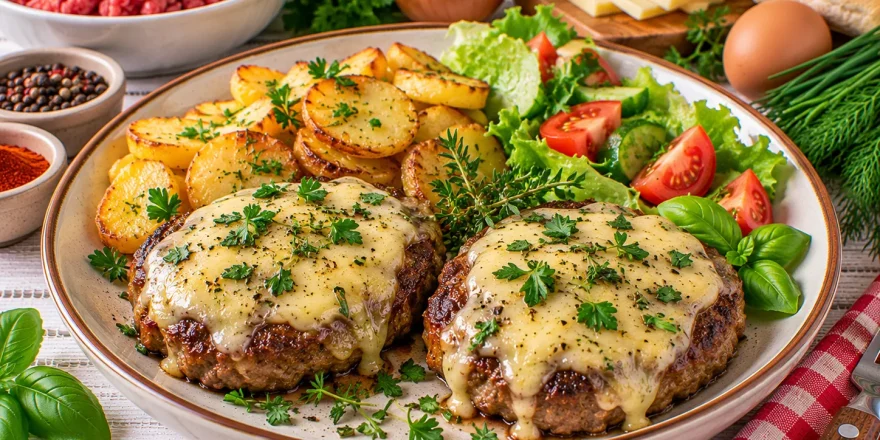 Saftige Hacksteaks mit geschmolzenem Gouda und frischen Kräutern.