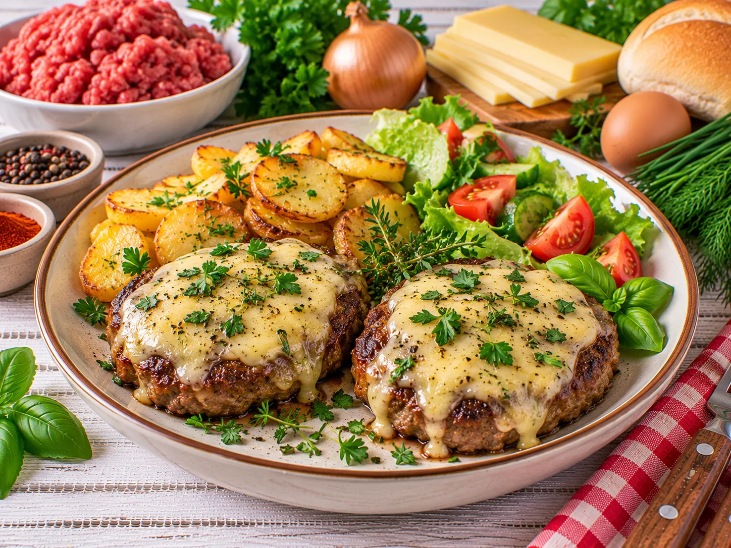 Saftige Hacksteaks mit geschmolzenem Gouda und frischen Kräutern.