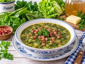 Aromatische Kräutersuppe mit frischen Kräutern und Speckwürfeln.