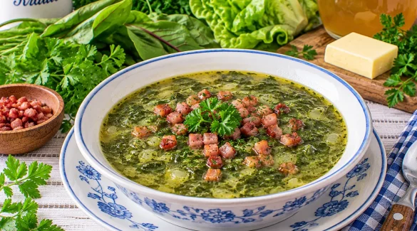 Aromatische Kräutersuppe mit frischen Kräutern und Speckwürfeln.