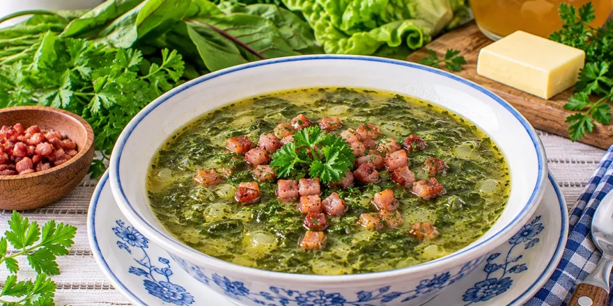 Aromatische Kräutersuppe mit frischen Kräutern und Speckwürfeln.