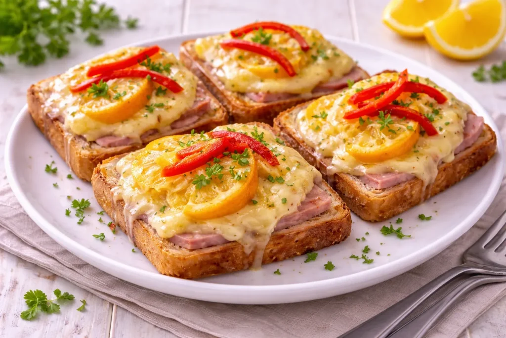 Überbackener Kuba-Toast mit Schinken, Orangenscheiben und geschmolzenem Käse auf weißem Teller