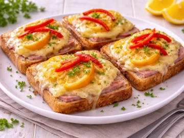 Überbackener Kuba-Toast mit Schinken, Orangenscheiben und geschmolzenem Käse auf weißem Teller
