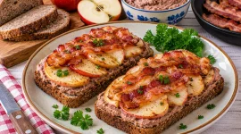 Überbackener Leberwurst-Toast mit Apfel und knusprigem Speck.