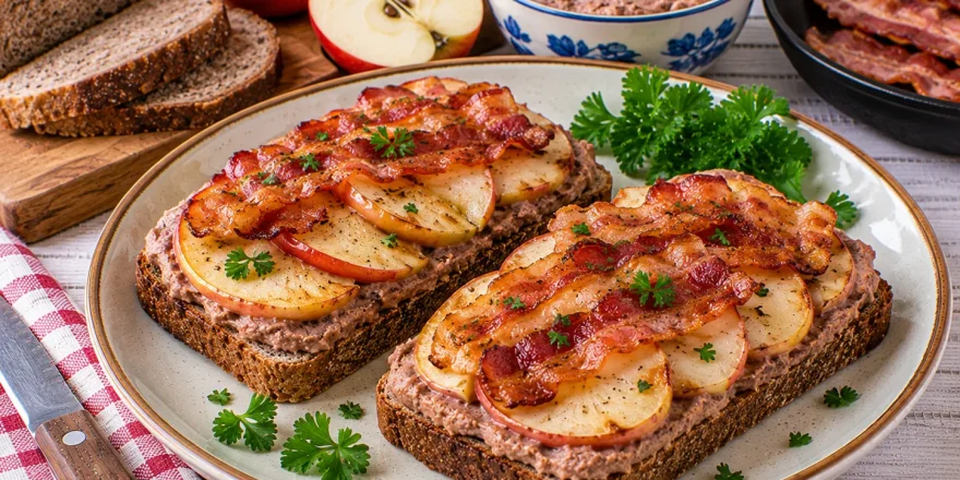 Überbackener Leberwurst-Toast mit Apfel und knusprigem Speck.