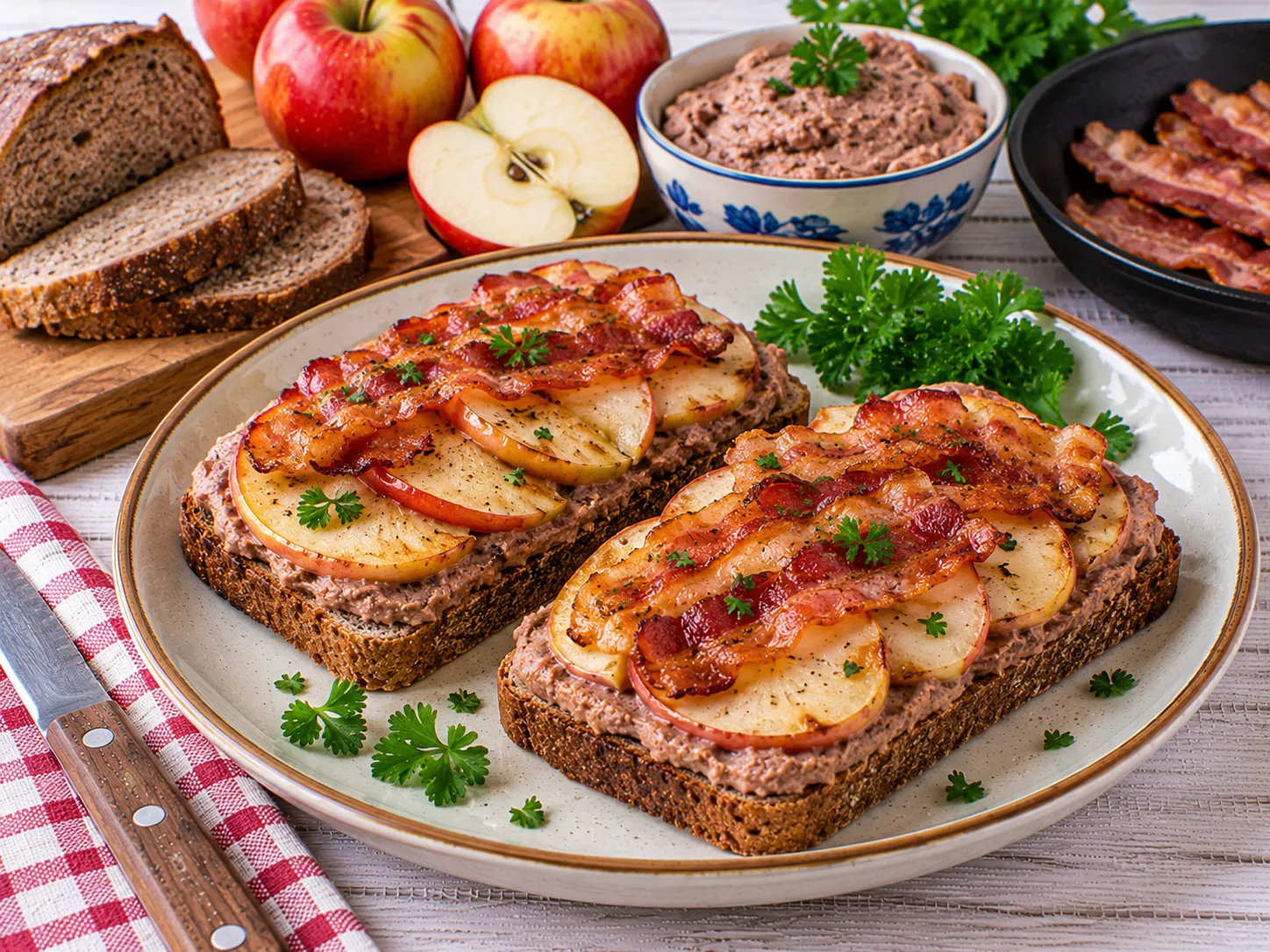 Überbackener Leberwurst-Toast mit Apfel und knusprigem Speck.