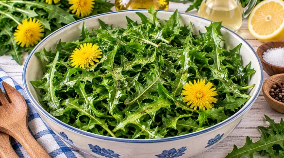 Frischer Löwenzahn-Salat mit Wildkräutern und leichter Marinade.