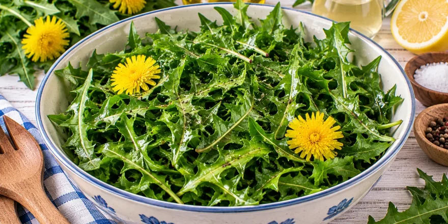 Frischer Löwenzahn-Salat mit Wildkräutern und leichter Marinade.