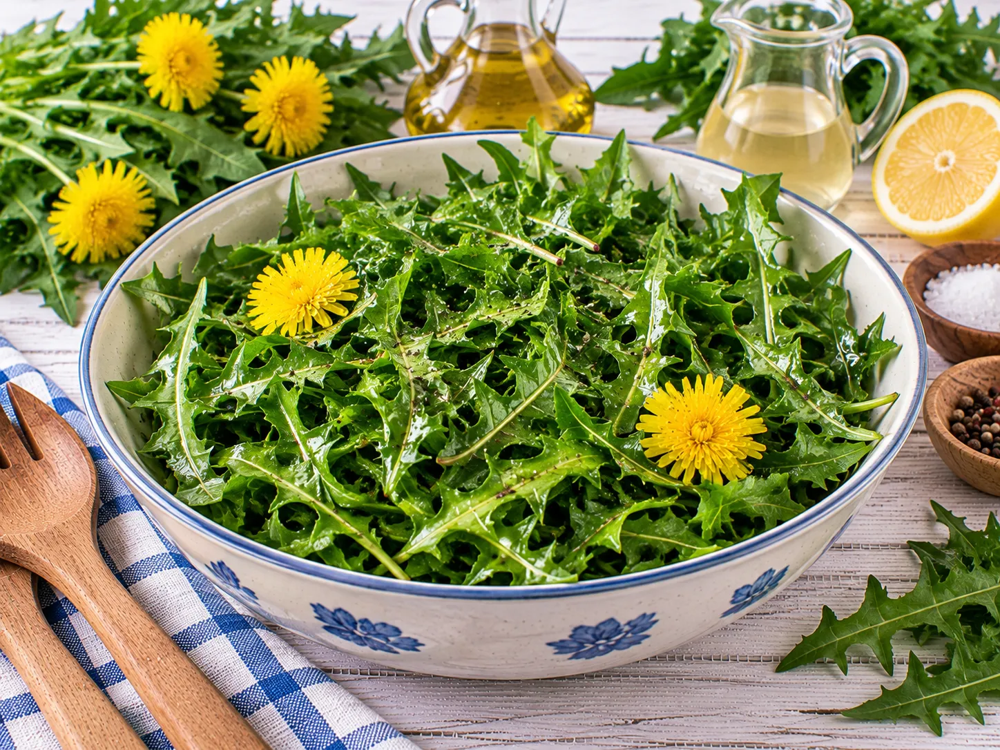 Frischer Löwenzahn-Salat mit Wildkräutern und leichter Marinade.