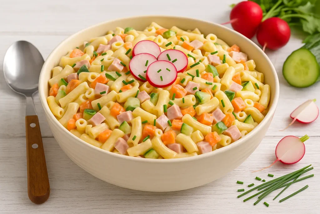  Makkaronisalat „Gärtnerin“ mit Bierschinken, Gurke, Möhren und Radieschen in einer großen Schüssel, dekoriert mit Schnittlauch auf weißem Holztisch.