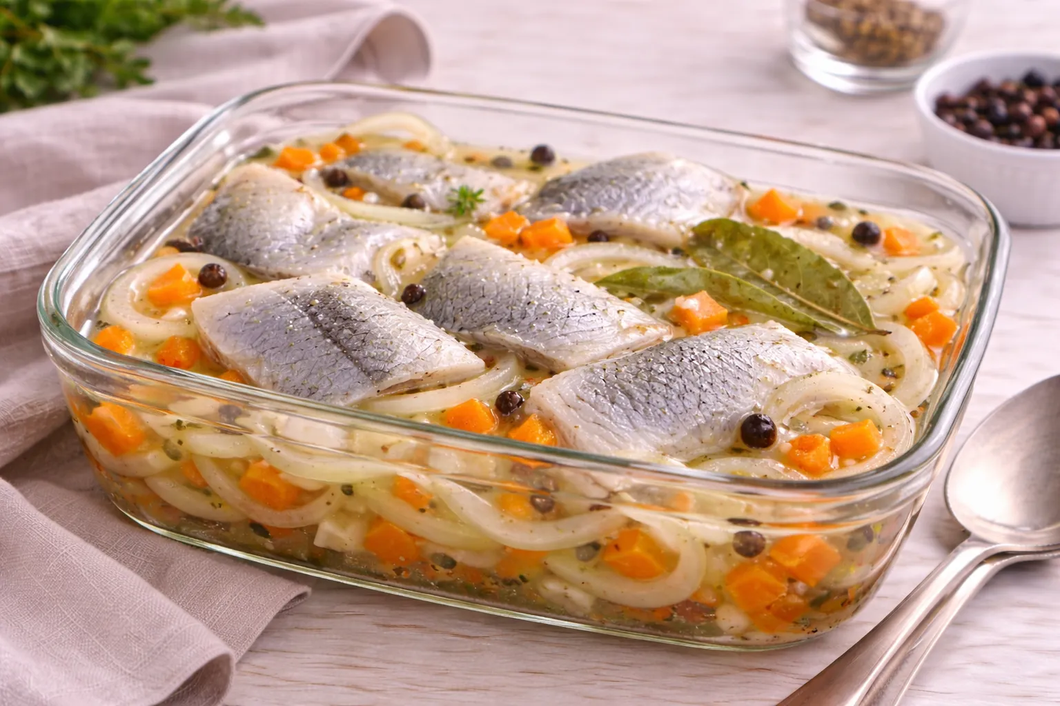 Marinierte Salzheringe mit Möhren, Zwiebeln und Gewürzen in Glasgefäß auf hellem Holztisch.