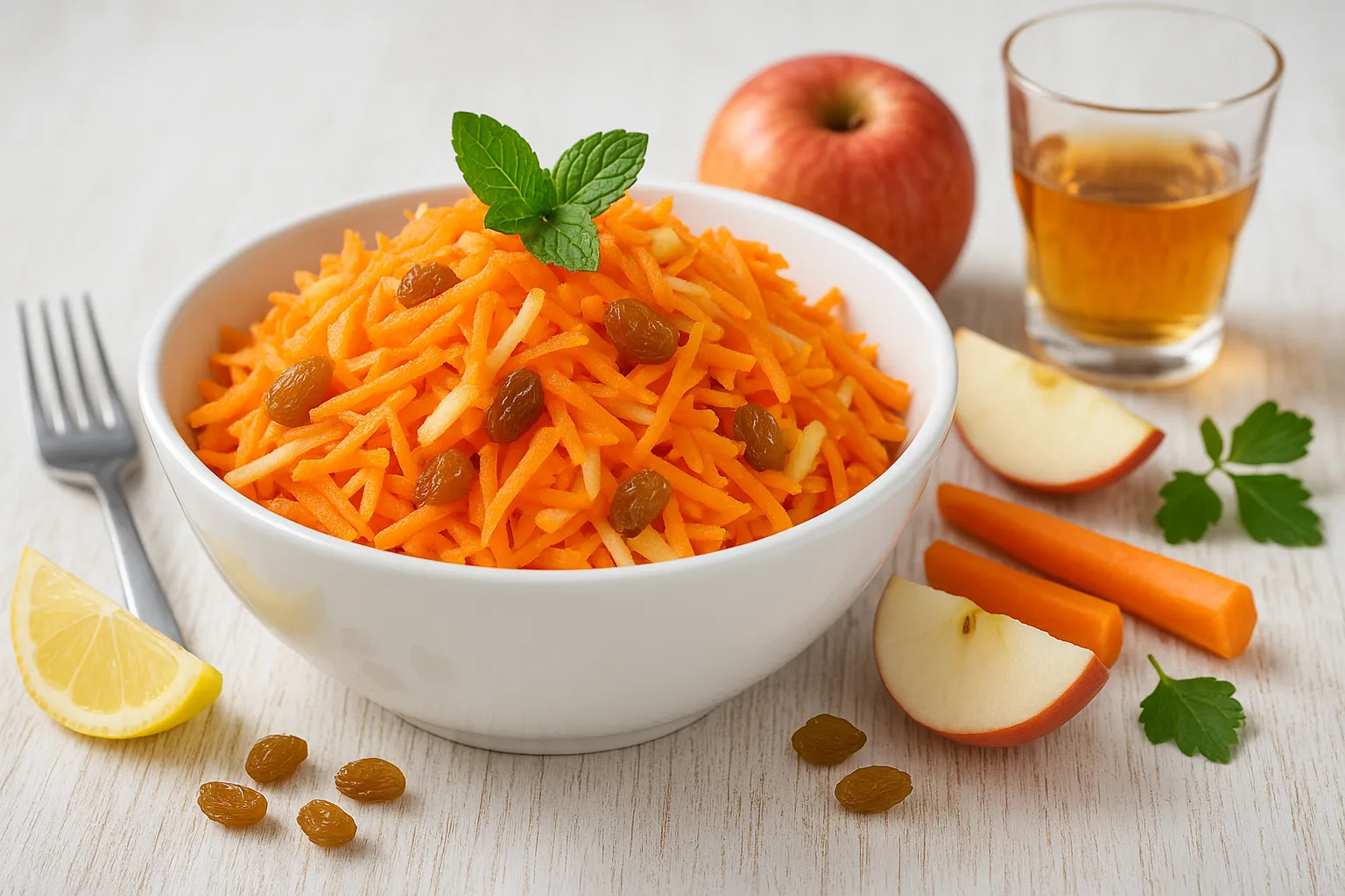 Weiße Schale mit geraspeltem Möhren-Apfel-Salat, Sultaninen, Zitronenscheiben und Minze auf weißem Holztisch