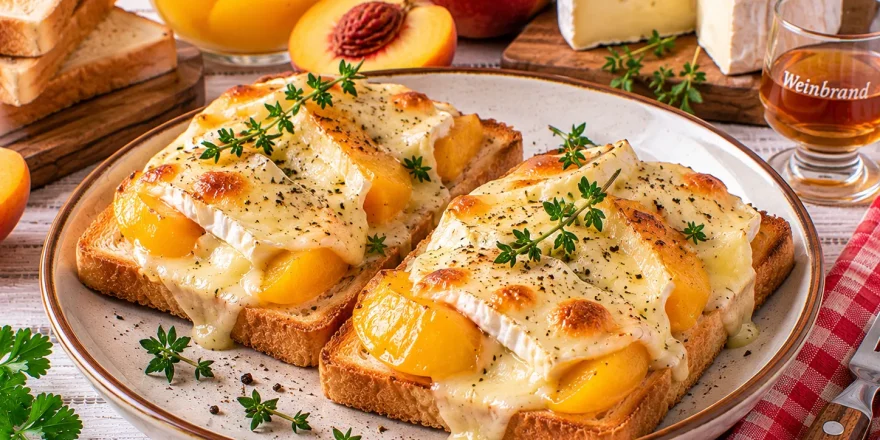 Überbackener Toast mit Pfirsichen und Camembert.