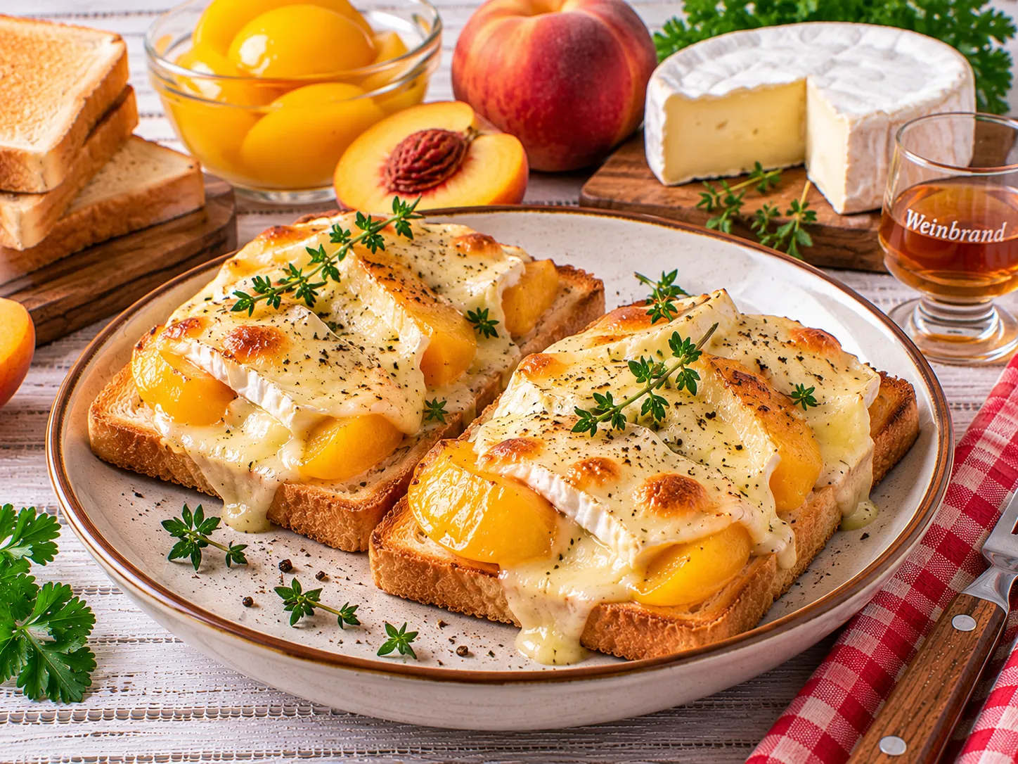 Überbackener Toast mit Pfirsichen und Camembert.