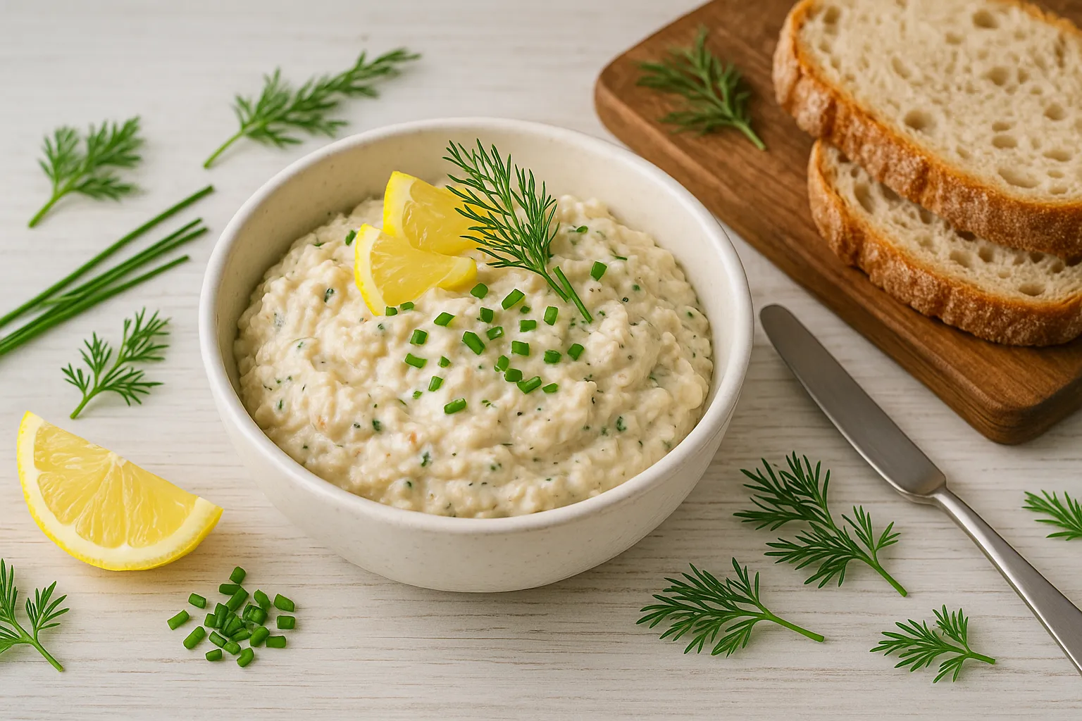 Räucherfischbutter in weißer Schale, dekoriert mit Dill, Schnittlauch und Zitrone, auf Holztisch mit Brot und Besteck