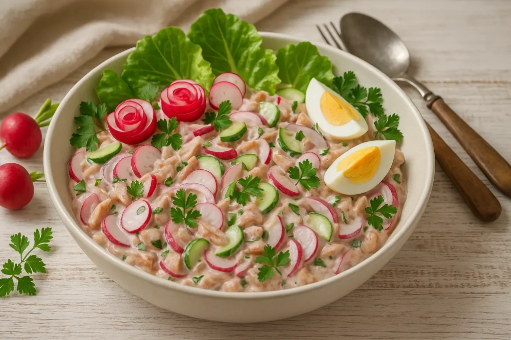  Räucherfischsalat „Sommerfreude“ mit Dorsch, Gurke, Radieschen und Ei in einer Servierschüssel, dekoriert mit Radieschenrosen und Kräutern auf hellem Holztisch.