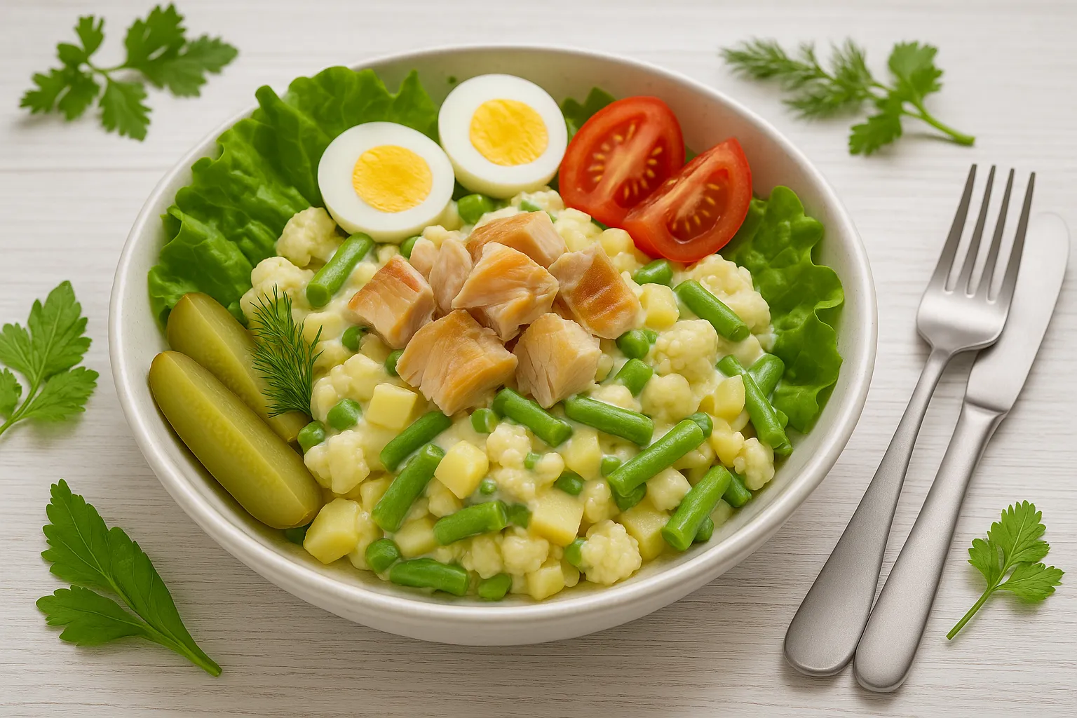 Weiße Schüssel mit Salat aus Räucherfisch, Kartoffeln, Gemüse, Ei und Tomaten, dekoriert mit Salatblättern auf weißem Holztisch