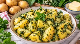Goldene Salzkartoffeln mit frischen Wildkräutern und Butter.