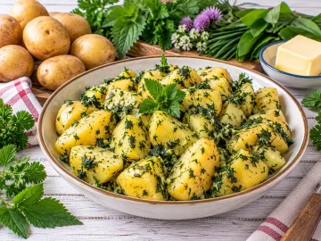 Goldene Salzkartoffeln mit frischen Wildkräutern und Butter.