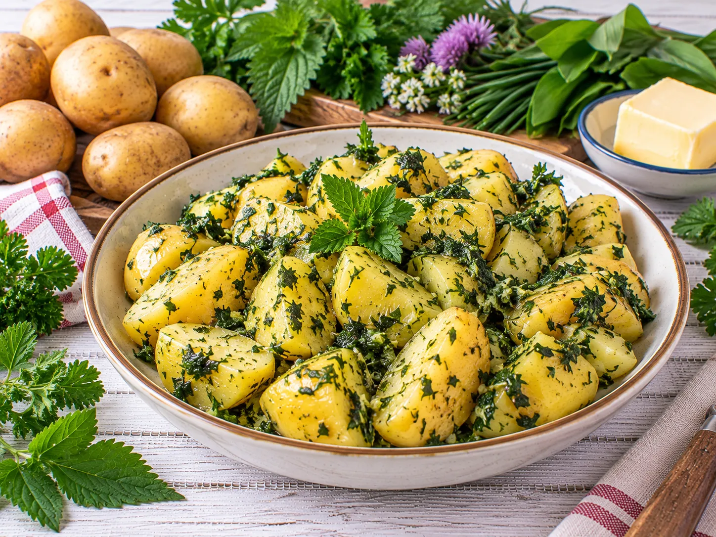 Goldene Salzkartoffeln mit frischen Wildkräutern und Butter.